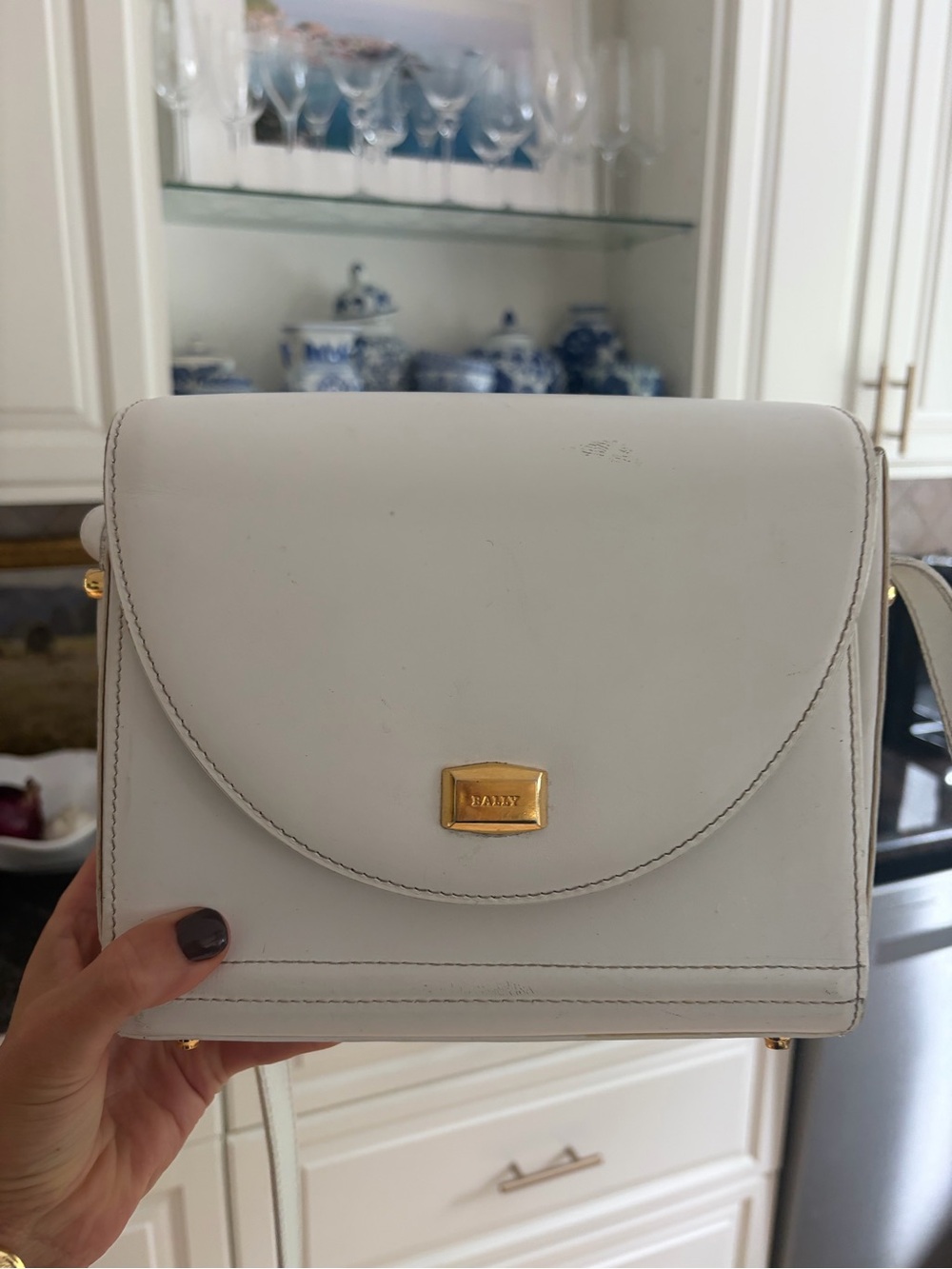 White Leather Bally Crossbody Bag with Gold Hardware